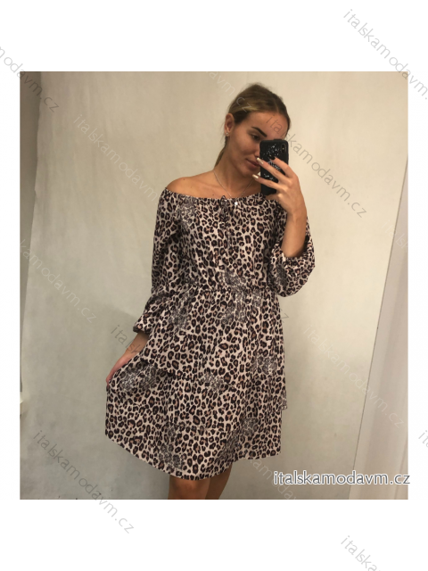 Šaty šifonové carmen dlouhý rukáv leopard dámské (S/M ONE SIZE) ITALSKÁ MÓDA IMWG21184/DR hnedá S / M