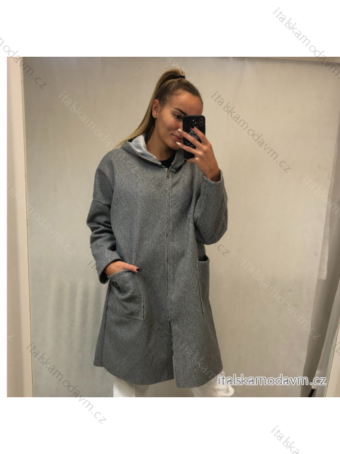 Kabát flaušový na zip s kapucí dlouhý rukáv dámský nadrozměr (XL/2XL ONE SIZE) ITALSKÁ MÓDA IMD22362