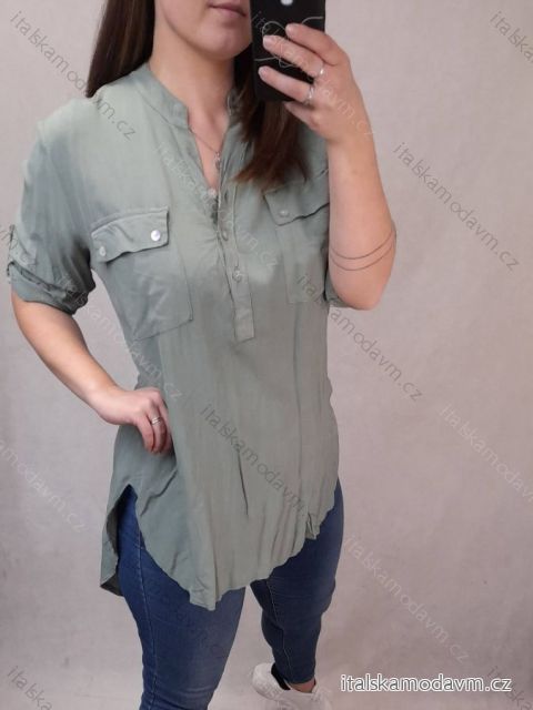 Tunika košilová oversize krátký rukáv dámská (s-l one size) ITALSKÁ MÓDA IM421695 <p>khaki</p> L / XL