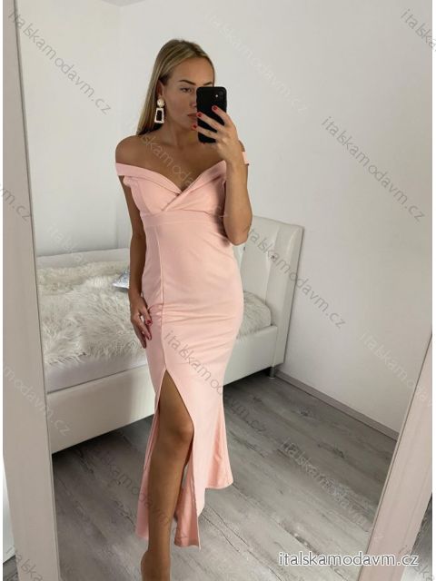 Šaty dlhé elegantné spoločenské carmen dámske (S/M ONE SIZE) TALIANSKA MÓDA IMM22325 svetlo ružová S/M