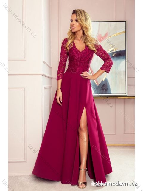 309-1 AMBER elegant lace long dress with a neckline - Burgundy color