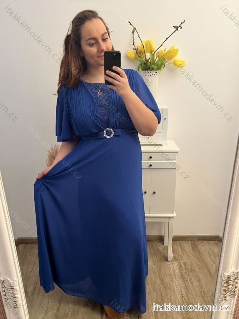 Šaty spoločenské elegantné plesové krátky rukáv dámske nadrozmer (XL/2XL ONE SIZE) TALIANSKA MÓDA IMM239016ZO/DU XL/2XL kráľovská modrá