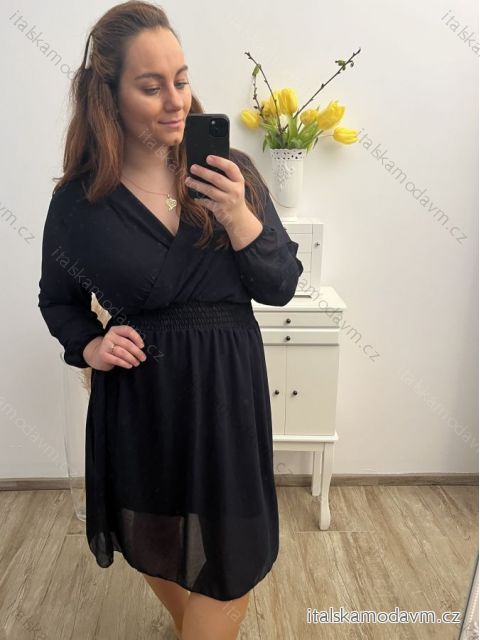 Šaty elegantný šifonové, žabičkování dlhý rukáv dámske nadrozměr  (X/2XLL ONE SIZE) TALIANSKA MóDA IM422VERONA tmavo modrá XL/2XL