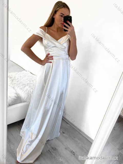 Šaty carmen dlhé na ramienka elegantné saténové dámske (S/M ONE SIZE) TALIANSKA MÓDA IMPBB22B22735/DR biela