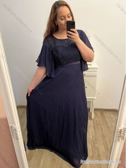 šaty plesové dlhé elegantné spoločenské krátky rukáv dámske (XL/2XL/3XL ONE SIZE) TALIANSKA MÓDA IMM23001/DU 2XL/3XL tmavo modrá