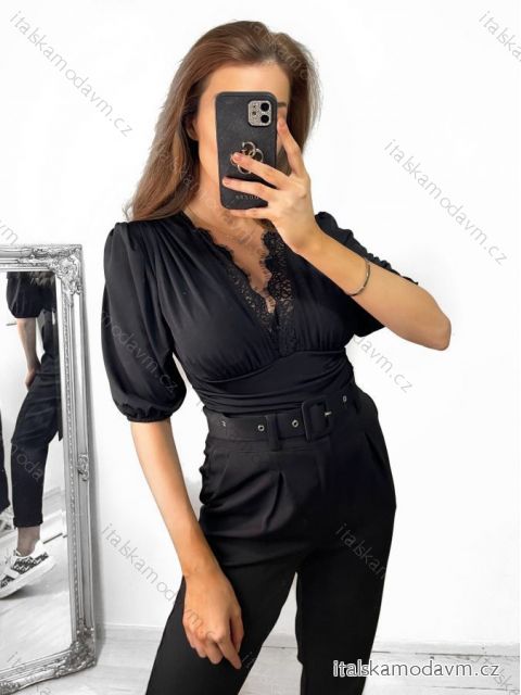 Top s krajkou krátký rukáv dámský (S/M ONE SIZE) ITALSKÁ MÓDA IMM2327419/DU S/M čierna