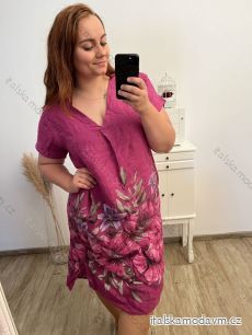 Šaty  lněné letné krátky rukáv nadrozměr dámske (XL/2XL ONE SIZE) TALIANSKA MÓDA IM723FLOWER