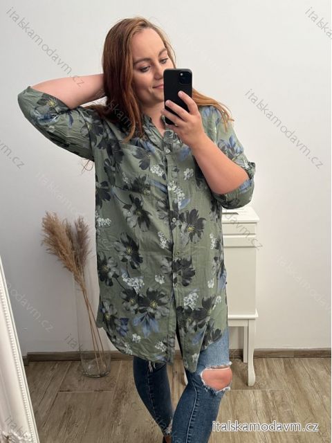 Prodloužená Košeľa 3/4 rukáv dámske (2XL/3XL ONE SIZE) TALIANSKA MÓDA IM523FLOWER/DU 2XL/3XL khaki