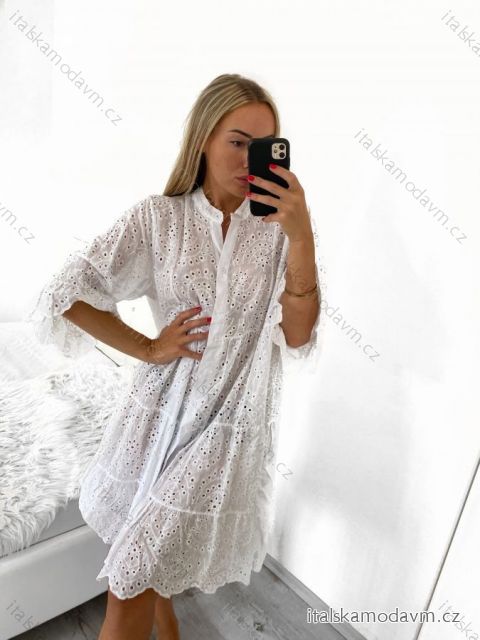 Šaty letní boho krajkové košilové dlouhý rukáv dámské (S/M ONE SIZE) ITALSKÁ MÓDA IM823012/DU S/M biela