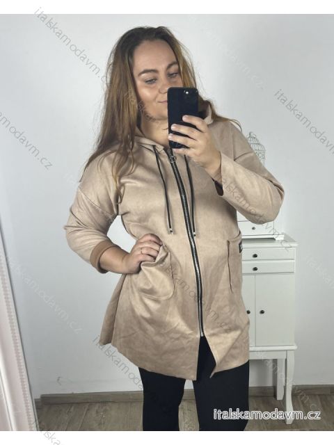 Kabátek s kapucí na zip dlhý rukáv dámsky nadrozměr (2XL/3XL ONE SIZE) TALIANSKA MODA IM423MIRANDA/DU 2XL/3XL hnedá