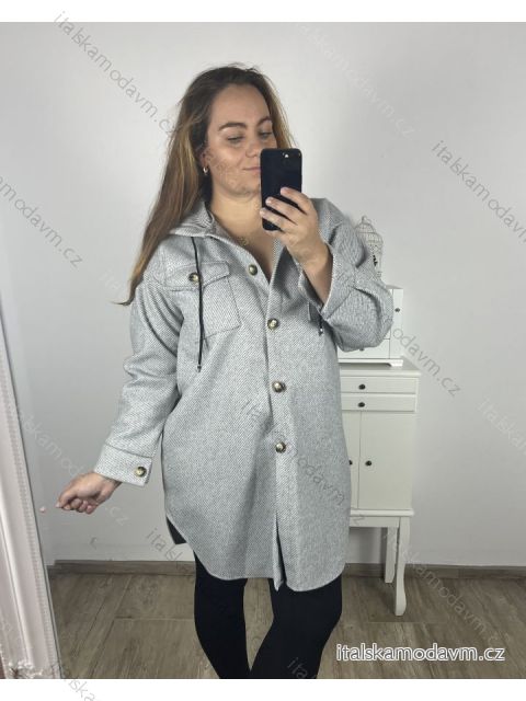 Podzimní kabát s kapucí knoflíky dlhý rukáv dámsky nadrozměr (2XL/3XL ONE SIZE) TALIANSKA MODA IM423MEREDIT/DU 2XL/3XL smaragdová