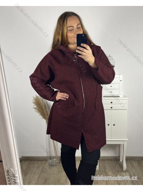 Kabát flaušový na zip s kapucí dámsky nadrozmer (3XL/4XL ONE SIZE) TALIANSKA MÓDA IM423BEETY/DU 3XL / 4XL vínová