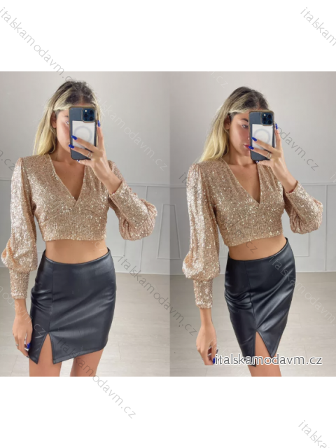 Top croptop trblietavý s flitrami dlhý rukáv dámsky (S/M ONE SIZE) TALIANSKA MÓDA IMPBB22O5200/DUR čierna S/M