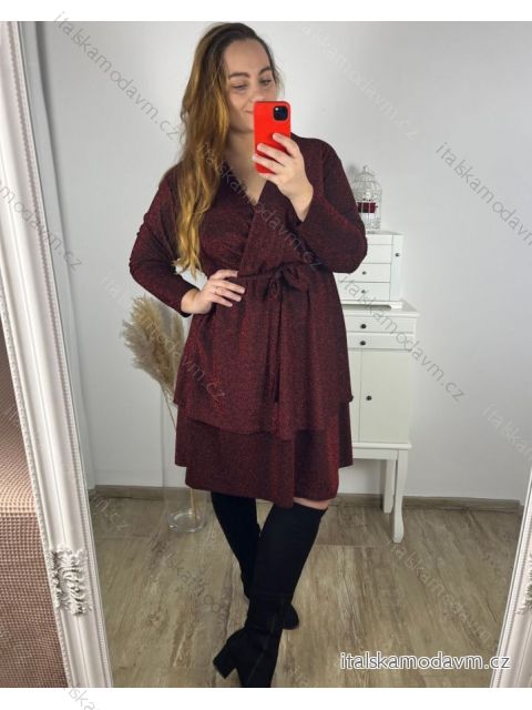 Šaty spoločenské trblietavé dlhý rukáv dámske nadrozmer (3XL/4XL ONE SIZE) TALIANSKA MÓDA IMWQ23221/DUR vínová 3XL / 4XL