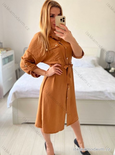 Šaty košeľové dlhý rukáv dámske (S/M ONE SIZE) TALIANSKA MÓDA IMWGB233769/DU -   hnědá camel -   S / M