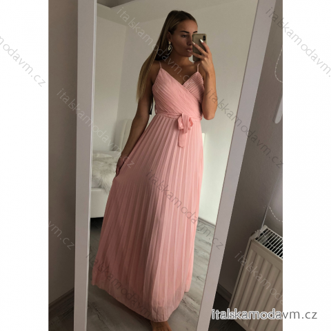 Šaty letné dlhé šifónové elegantné skladané bez rukávov dámske (S/M ONE SIZE) TALIANSKA MÓDA IMWG21083 ružová S/M