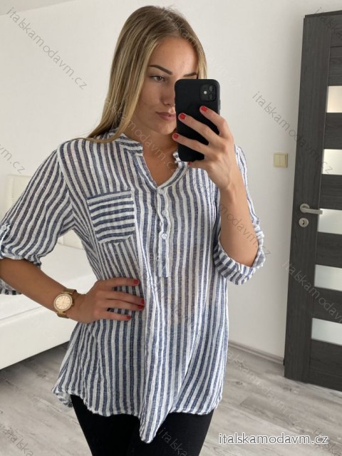 Tunika ľanová dlhý rukáv dámska (L/XL ONE SIZE) TALIANSKA MÓDA IM722STRIPE