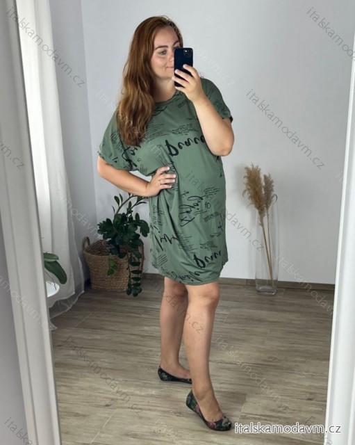 Šaty voľnočasové krátky rukáv dámske nadrozmer (54/56 ONE SIZE) TALIANSKA MóDA IM424144/DR  zelená khaki