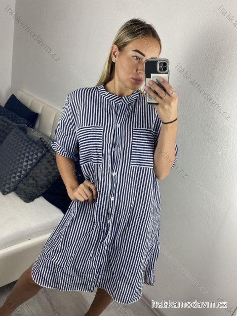 Šaty košeľové oversize krátky rukáv dámske nadrozmer (XL/2XL ONE SIZE) TALIANSKA MODA IM723010/DUR XL/2XL tmavo modrá