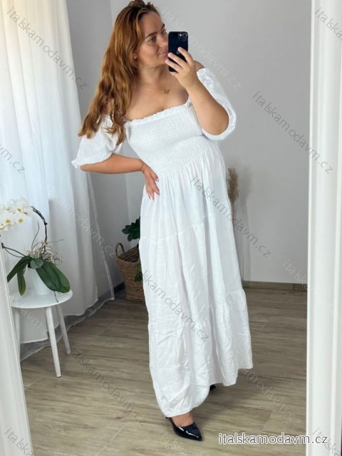 Šaty dlhé mušelínové letné carmen dlhý rukáv dámske nadrozmer (48/50 ONE SIZE) TALIANSKA MÓDA IMWEC24151/DUR -   biela -   48/50