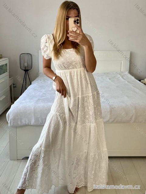 Šaty dlhé letné boho krajkové krátky rukáv dámske (S/M ONE SIZE) TALIANSKA MÓDA IMPEM2323087/DU S / M biela