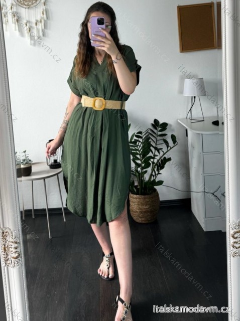 Šaty dlhé letné s opaskom krátky rukáv dámske (S/M/L ONE SIZE) TALIANSKA MÓDA IMC24264/DR zelená khaki M / L