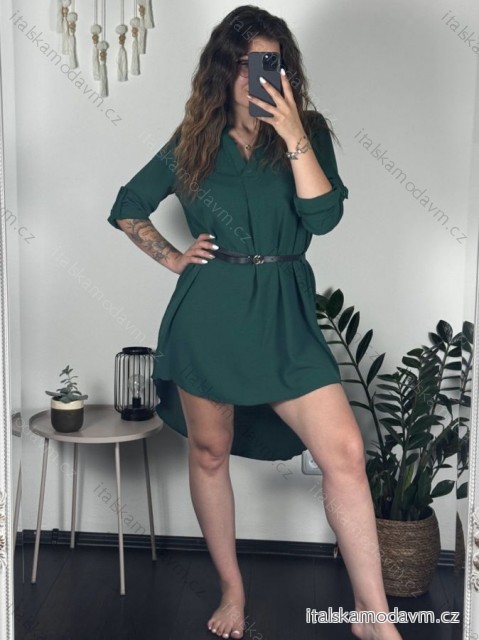 Tunika košeľová dlhý rukáv dámska (S/M/L ONE SIZE) TALIANSKA MÓDA IMM24M3297/DUR zelená limetková M/L