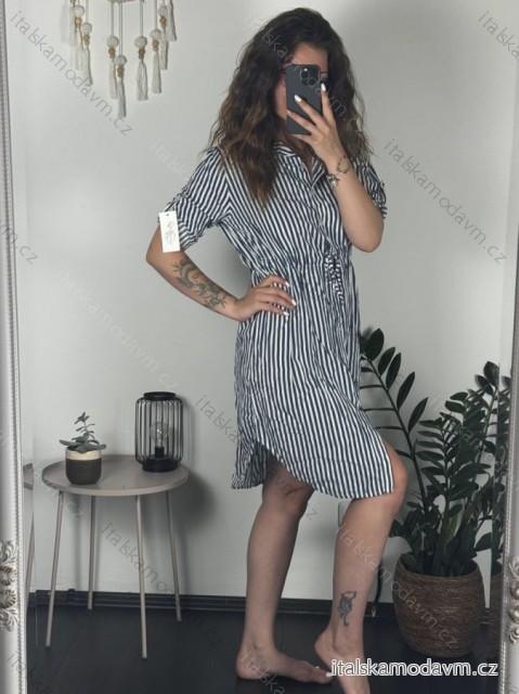 Košilové šaty krátký rukáv dámská  (S/M/L ONE SIZE) ITALSKá MODA IMSM24038/DUR modrá M / L