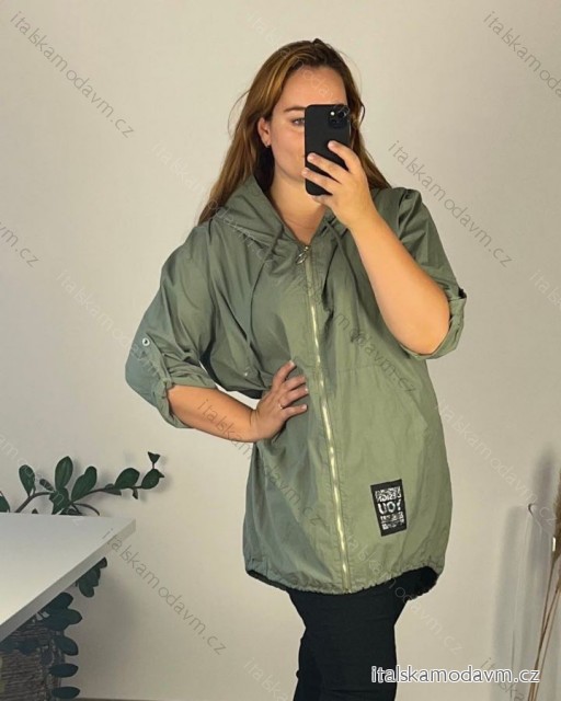 Bunda slabá s kapucňou 3/4 dlhý rukáv dámska nadrozmer (54/56/58 ONE SIZE) TALIANSKA MÓDA IMSM24627/DU 56/58 zelená khaki