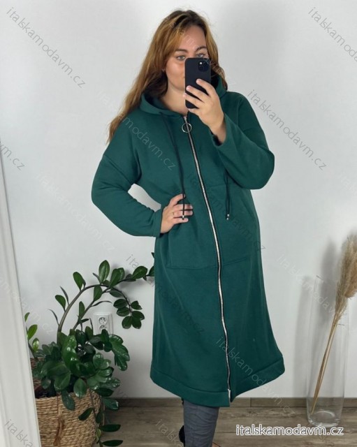 Mikina dlouhá oversize na zips s kapucňou dlhý rukáv dámska nadrozmer (54/56 ONE SIZE) TALIANSKA MÓDA IM424SIRINA/DR  tmavo smaragdová