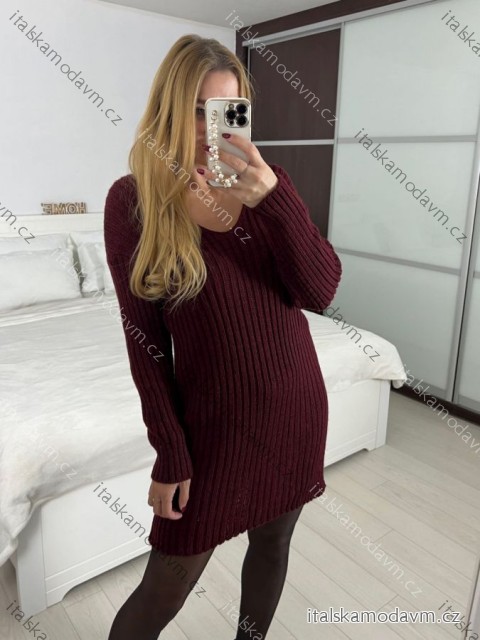 Šaty pletené s opaskom dlhý rukáv dámske (S/M/L ONE SIZE) TALIANSKA MóDA IMD23848/DR M / L vínová