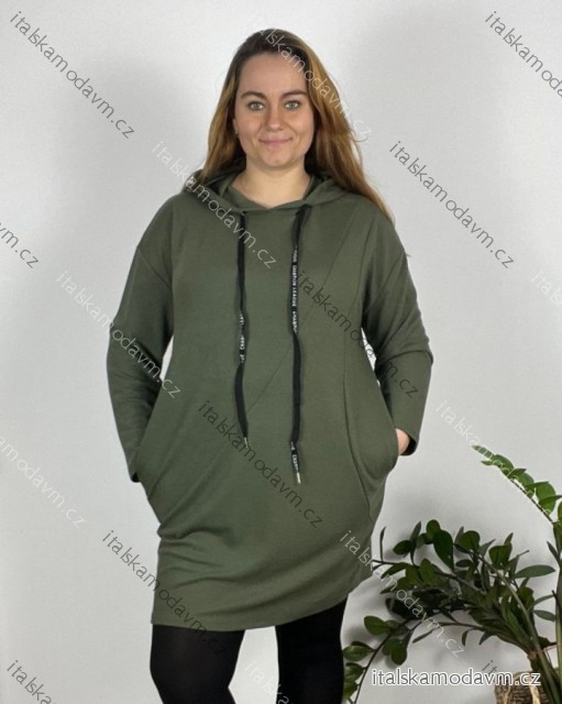 Šaty mikinové s kapucňou dlhý rukáv dámske nadrozmer (54/56/58 ONE SIZE) TALIANSKA MÓDA IM424634/DR  zelená khaki