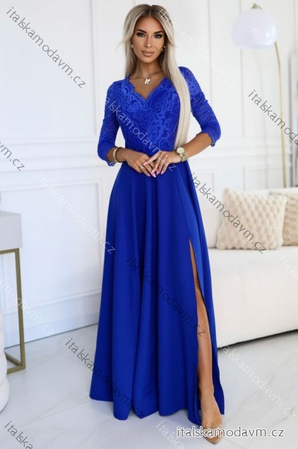 Šaty dlhé elegantné spoločenské krajkové s výstrihom dlhý rukáv (S - 2XL) Poľská móda- Royal blue 309-12 AMBER modrá kráľovská M