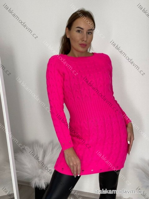 Šaty pletené dlhý rukáv dámske (S/M/L ONE SIZE) TALIANSKA MÓDA IMWBL24124/DR S / M růžová neon